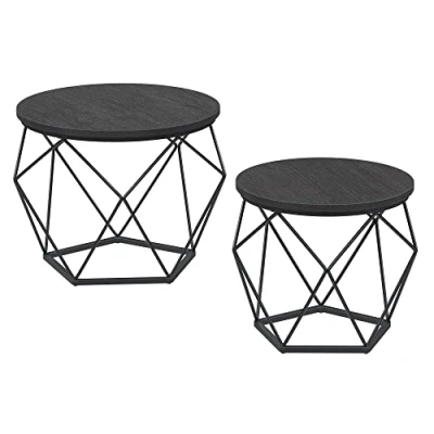 Bild av VASAGLE LET040B22 Runda soffbord, set med 2 sidobord, modern stil, avtagbar bordsskiva, stålram, för vardagsrum, svart