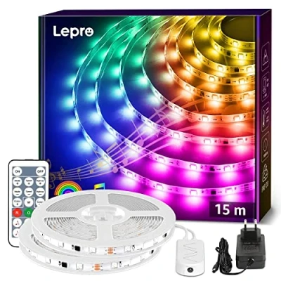 Bild av Lepro 15 m musik LED remsa (2 x 7,5 M), MagicColor remsa, 5050 SMD ränder, 12 V, självhäftande ljusband med fjärrkontroll, flexibel skena, ljuskedja för hem, fest, bar