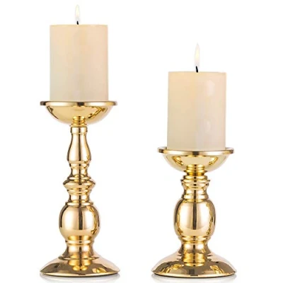 Bild av NUPTIO Guld 2 st ljushållare av järnpelare, perfekt för 80 mm pelarljus eller flamlösa LED ljus, halloween julljushållare dekorationer, gåvor bröllopsfest hem spa Reiki (S + L)