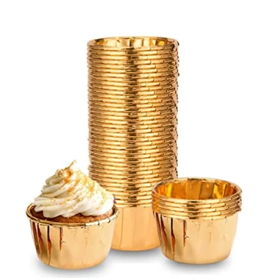 Bild av 100 stycken aluminiumfolier pappersbakformar för muffins och cupcakes baketuier pappersformar cupcakes, födelsedag, bröllop, julfest Guld