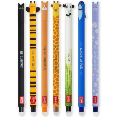 Bild av LEGAMI Uppsättning av 7 raderbara gelpennor med termokänsligt raderingsbläck, utbud bläckfärger och cylinderdesign, 0,7 mm spets, katt, bi, corgi, giraff, panda, haj, flodhäst design