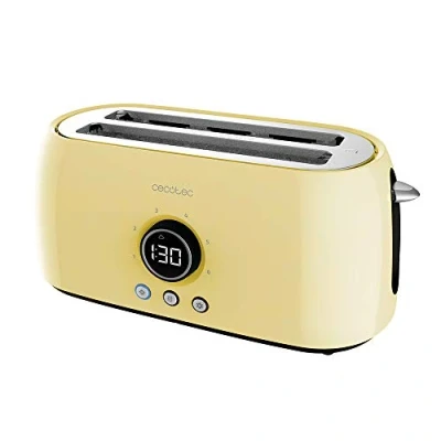 Bild av Cecotec digital brödrost ClassicToast 15000 gul extra dubbel. 1 500 W, 2 breda långa slitsar för 4 rostar, display, 3 funktioner, topprods, retrodesign i gult