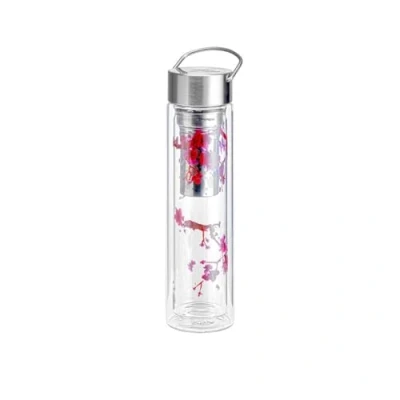 Bild av Egenskap Flowtea körsbärsblomma dubbelväggig drickflaska av borosilikatglas med lock i rostfritt stål, neoprenskal och sil, BPA fri, 400 ml, 50004