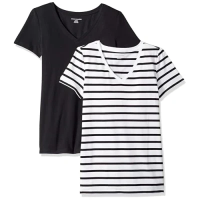 Bild av Amazon Essentials dam klassisk passform kortärmad v ringad t shirt, paket med 2, svart/vit rand, X Small