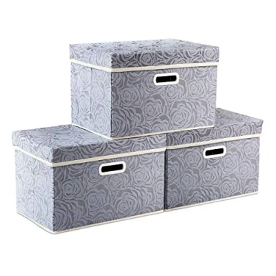 Bild av PRANDOM Hopfällbara förvaringslådor med lock tyg dekorativa förvaringsfack kuber organiseringsbehållare korgar handtag avdelare för sovrum garderob vardagsrum 35 x 25 cm 3 pack
