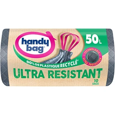 Bild av Handy Bag Extra slitstarka sopsäckar med skjuthandtag 50 l x 10 påsar ultraskydd: väft och tredubbla lager film läckagesäker botten maximal tätning 100% återvunnen plast