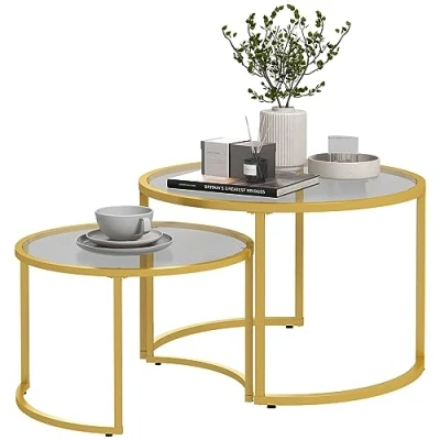 Bild av HOMCOM Set med 2 runda utdragbara soffbord 70/54 cm härdat glasbricka och kolstålstativ modern design guld