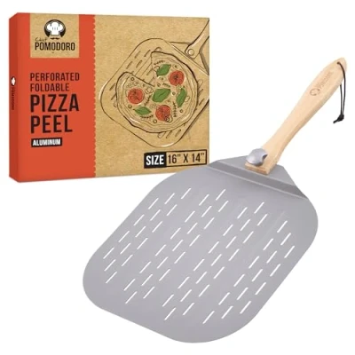 Bild av Kock Pomodoro perforerad pizzaskala i aluminium med vikbart trähandtag för enkel förvaring, pizzaspatel, gourmet lyxig pizzapaddel bakning hemmagjord pizzabröd (36 x 40 cm)