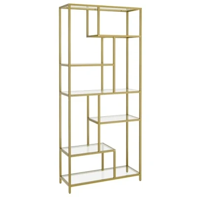 Bild av VASAGLE bokhylla, 6 nivåer hög växtstativ, displayhylla, 30 x 80 180 cm, härdat glas, för studier, kontor, vardagsrum, sovrum, kök, metalliskt guld LGT502A01