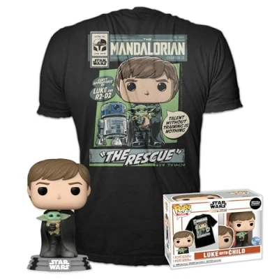 Bild av Funko Pop! &amp; Tee: Star Wars: The Mandalorian Luke With Grogu (barnet, Baby Yoda) (Grogu Yoda), Medium T shirt Kläder med samlarobjekt vinylfigur för vuxna