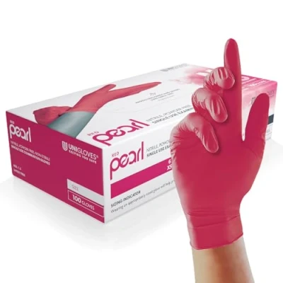 Bild av UNIGLOVES Pearl GP0064 undersökningshandskar av nitril, röd, storlek L (förpackning med 100 enkelhandskar)