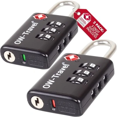 Bild av OW Travel TSA Godkänd Kombinationslås med öppen varningsindikator (Svart 2 pack) 3 siffrig kod Lås Säkerhet Ryggsäck Hänglås Resväska, lås, resväska Gymskåp,