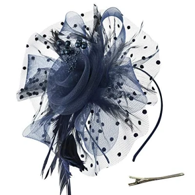Bild av DRESHOW Fascinators Hatt Blomma Mesh Fjädrar på Pannband och Gaffel Clip Cocktail Teparty Huvudbonad för Flickor Kvinnor