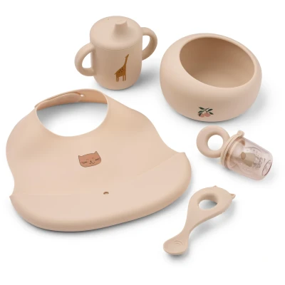 Bild av LIEWOOD Mileah Baby Mealtime Set Serviser för barn Apple Blossom Spoon: L14 x W4.5 H2.5 cm. Bowl: Ø13 H7 cm Capacity: 470 ml. Food Feeder: Ø5 H10 / Ø7 Sippy Cup: W12 H10.5 150 Bib: L29.5 W22.5