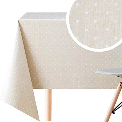 Bild av KP HOME Torka ren bordsduk grädde beige prickig PVC bordsskydd rektangel 300 x 140 cm återanvändbar torkbar vinyl med retro klassiskt präglat tryck