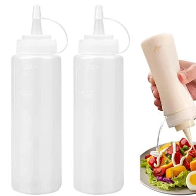 Bild av 2 stycken plastklämflaskor, klämflaska med lock, 250 ml utan läckager, flaskor för målning, bakning, ketchup, vass sås, olivolja, såsflaska (transparent, ml)
