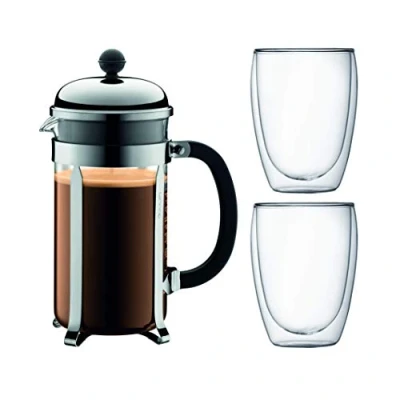 Bild av Bodum K1928 16 1 CHAMBORD SET kolvkaffebryggare, 8 koppar 1,0 l + 2 dubbelväggiga glas PAVINA 0,35