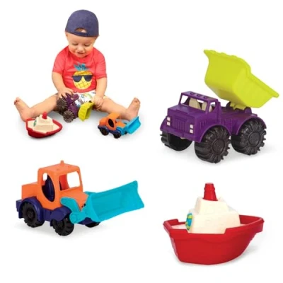 Bild av B. toys Sandleksak 3 delar sandlåda leksak, strand, lekplats, badleksak med grävmaskin, kipper och båt leksak från 18 månader