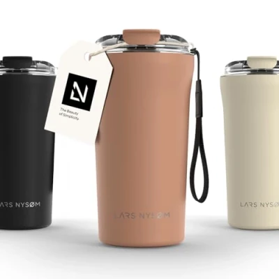 Bild av LARS NYSØM Thermo Kaffeebecher to go med bärrem &amp; Tritan lock er Travel Mug 0,5 liter isolering Läcksäker rostfri termosmugg för kaffe te (Blush Rose, 500ml)