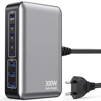 Bild av 300 W multi USB C laddare, 8 portars GaN laddningsstation med 5 Type + 3 A portar, 100 PD strömförsörjning, kompatibel iPhone/Galaxy/Pixel/MacBook Pro/Air/Dell