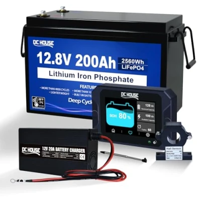 Bild av 12 V 200 Ah LiFePO4 batteri med 20 A batteriladdare batteriskärm 300 batterivakt V/24 V/36 V/48 husbilar, solsystem, husvagnar, nätoberoende tillämpningar