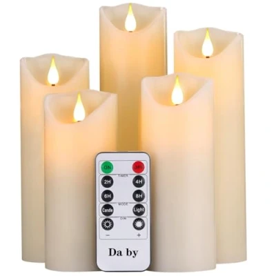 Bild av Da by Flamlösa ljus 13 cm, 15 18 20 23 cm (5, 6, 7, 8, 9) uppsättning av 5 realistiska dansande LED flimrande veke för fester, hem, offentliga eleganta evenemang, batteridriven, 10 knappars fjärrkontroll, elfenbensfärg.