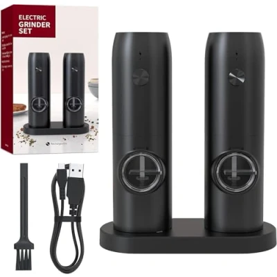 Bild av PotentForce USB elektrisk salt och pepparkvarn med stativ, laddningsbar, justerbar grovlek. 2 delat set borste för kryddkvarn.