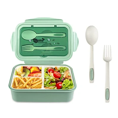Bild av Newpop Lunchlåda med 3 fack och sked gaffel, 1 400 ml, BPA fri bento, matlåda för mikrovågsugn diskmaskin, vuxna, barn, skolarbete, grön