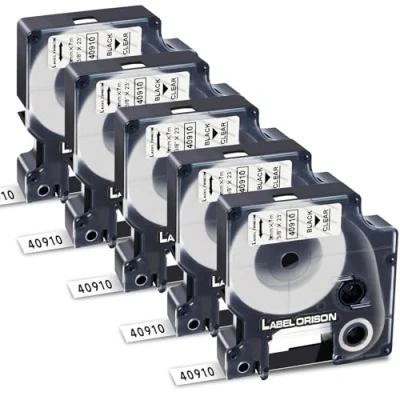 Bild av Label Orison Etikettband D1 40910 S0720670 svart på transparent 9 mm x 7 m märkband kompatibel för DYMO LabelManager 160 210D 360D 280 420P 450D 500TS Labelpoint 100 150 250, 5 pack