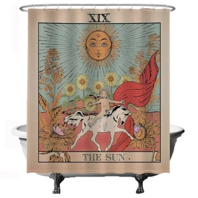 Bild av Ulticool Duschdraperi, sol, natur, blommor, tarot, horoskop, vintage, retro, tvättbart, antimögeleffekt, vattentätt, med 12 ringar, terrakotta, 180 x 200 cm