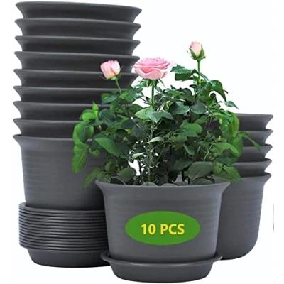 Bild av KAHEIGN 10 st blomkrukor i plast, 15 cm tjocka växtkrukor växtbehållare inomhus trädgårdskruka med dräneringspall (svart grå)