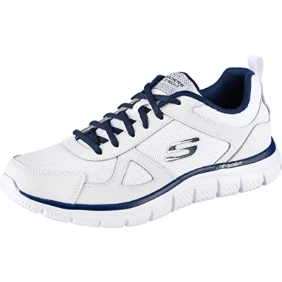 Bild av Skechers Track Scloric herr Sneaker, Vitt läder nät PU marinblå trim, 39.5 EU