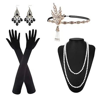 Bild av VIKSAUN 5 delat tillbehörsset i 1920, Great Gatsby tillbehör, kvinnor, 1920 tals modepannband, långa handskar, pärlhalsband, örhängen, flapper pannband, maskeraddräkt för kvinnor (5 delar)
