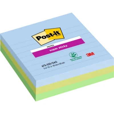 Bild av Post it Super Sticky Large Notes Oasis färgsamling, paket med 3 dynor, 70 ark per dyna, 101 mm x mm, blå, grön extra klisterlappar för anteckningar, att göra listor och påminnelser