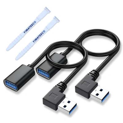 Bild av YIMATEECO USB 3.0 Förlängningskabel 90 Graders Hane till Hona Vinkelkontakt, 30cm Supersnabb 5 Gbps Dataöverföring Datakabel för Skrivarkabel, Hårddisk, Minne (vänster, 2 pack, svart)