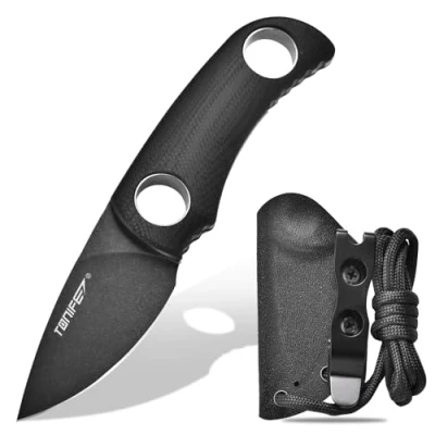 Bild av TONIFE fast bladkniv 4,7 cm, minihalskniv med Kydex fodral och snodd, bärbar EDC kniv för överlevnad utomhus (svart oxid sedan stenvägar)