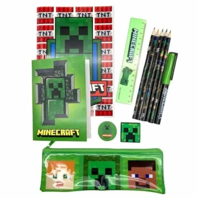 Bild av Minecraft brevpapper set med fodral komplett skolmaterial 2 anteckningsböcker, färgpennor, suddgummi, pennvässare och linjal karaktärsdesign creeper, Flerfärgad, Mediano,