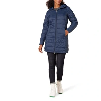 Bild av Amazon Essentials lättvikt långärmad hel dragkedja vattentålig packbar pufferjacka med huva, Marinblått Xsp, XL