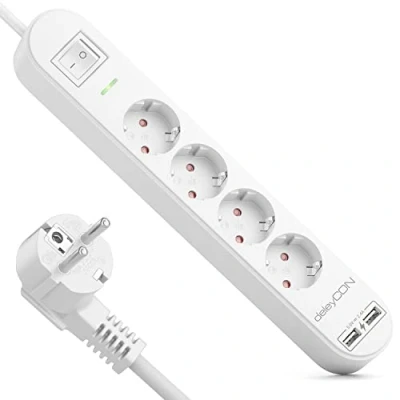 Bild av deleyCON 1,5m Grenuttag 4 Vägs med USB 4x Skyddskontakt Uttag 2x A Laddningsuttag för t.ex. Mobiltelefon och Surfplatta Överspänningsskydd PÅ/AV Knapp Vit