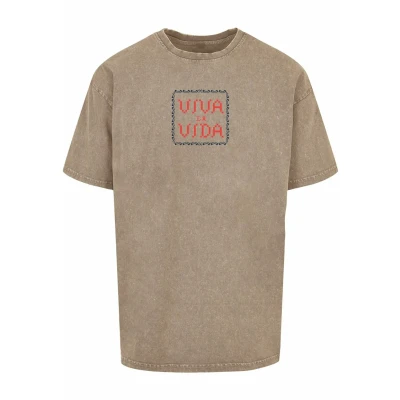 Bild av Merchcode Frida Kahlo Pixels VIVA LA VIDA ACID Washed Heavy Oversize TEE Tshirt med print, Storlek: XS, Darkkhaki