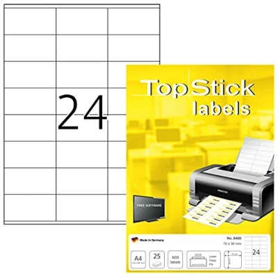 Bild av TopStick 8400 adressetiketter A4 (70 x 36 mm, 25 ark, papper, matt) självhäftande, utskrivbara, permanenta universella etiketter, 600 klistermärken, vit