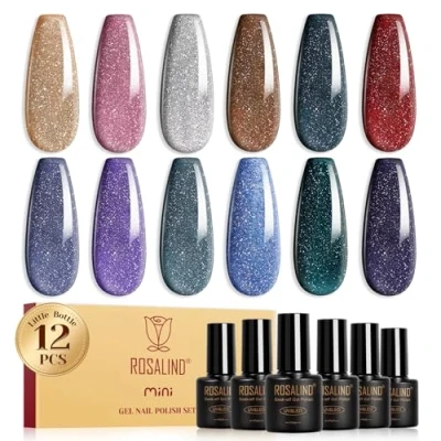 Bild av ROSALIND UV nagellack, 12 färger, glitter, brun, silver, rosa, svart, röd, violett, gel, nagellacksset, soak off mini, färggel, gelnaglar för nageldesign, nagelpolsk, manikyr, present