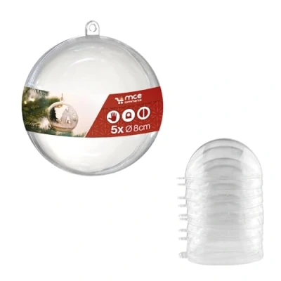 Bild av Akrylkula A66805, akryl, Ø 8 cm, glasklar med ögla för upphängning, 2 delar, 5 stycken, plexiglas kulor, julkula, plastkula transparent, plast
