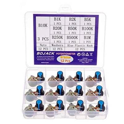 Bild av BOJACK 10 värden 12 st B1K B1M Ohm räfflad axel 3 terminaler linjär avsmalnande roterande potentiometer (WH148) enkel varv kolfilm variabel resistor sortimentsats