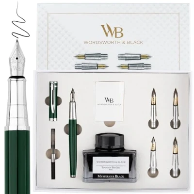 Bild av Wordsworth och svart reservoarpenna presentpaket, inkluderar bläckflaska, 6 bläckpatroner, bläckpåfyllningsomvandlare, 4 ersättningsspetsar, premiumpaket, journalering, kalligrafi, släta skrivpennor