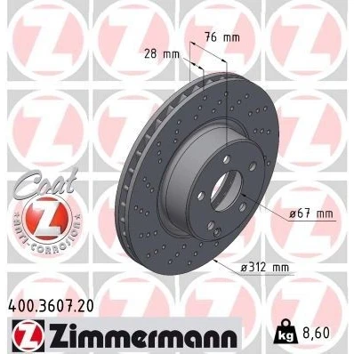 Bild av ZIMMERMANN COAT Z 400.3607.20 Disque de frein 312 28 6/5 5 112 ventilé l&#039;intérieur, troué revêtu à haute teneur en carbone