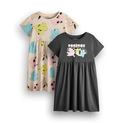 Bild av Pokemon Flickklänning Paket med 2 Mörkgrå &amp; Tan kortärmade sommarklänningar Pikachu Squirtle Jigglypuff Multi Pack kläder