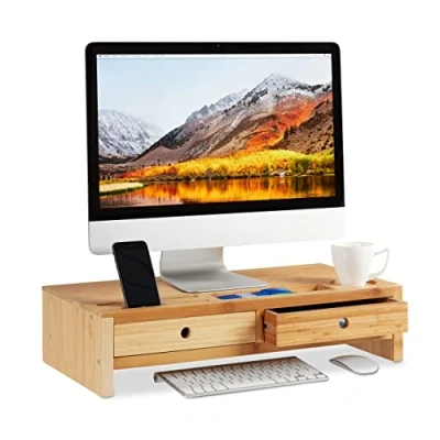 Bild av Relaxdays, Naturligt monitorstativ bambu, skärmhöjd med 2 lådor och fack, skärmstativ HBT 14 x 60 30 cm, standard