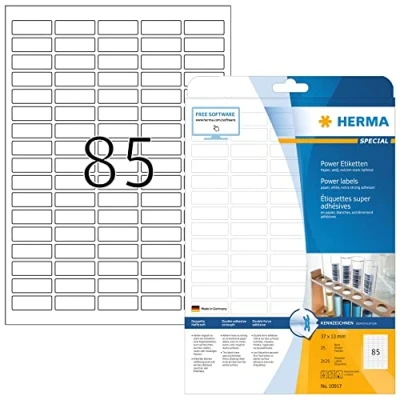 Bild av HERMA 10917 power etiketter A4 (37 x 13 mm, 25 ark, papper, matt) självhäftande, utskrivbara, extremt stark häftande universella etiketter, 2 125 klistermärken, vit