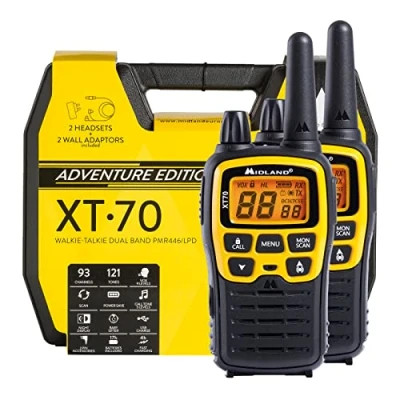 Bild av Midland XT70 Adventure PMR Walkie Talkie Väskset, 2x radioapparater med upp till 12 km räckvidd, LCD skärm och mikro USB laddningsuttag, för barn utomhus